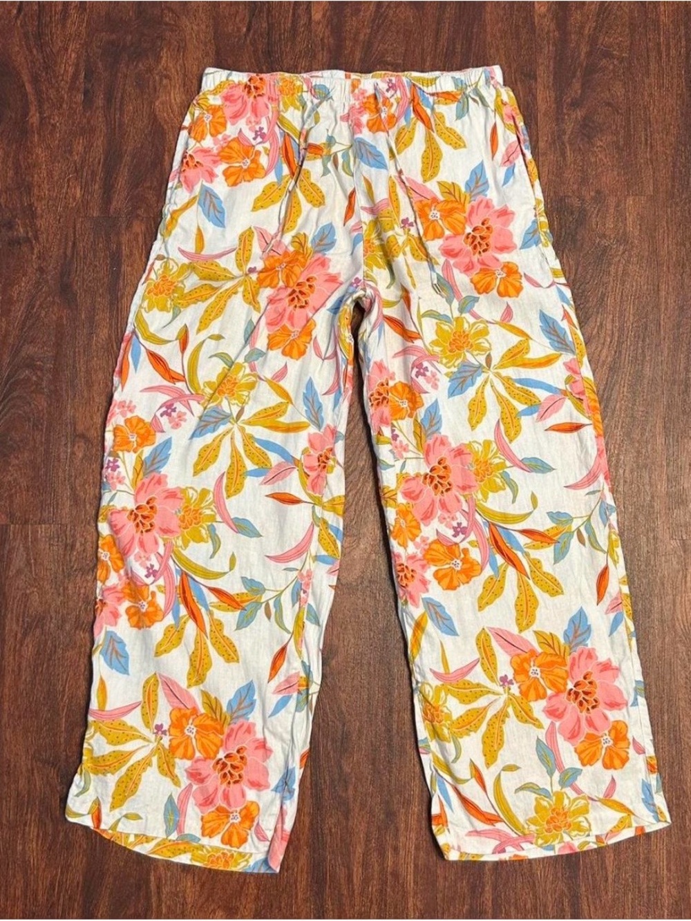 %100 Linen Floral Wide-Leg Pants - Bright Pink & Yellow